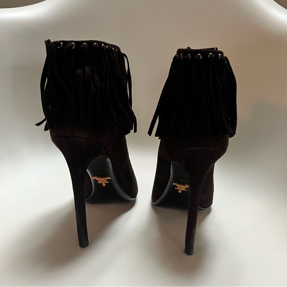 Prada Suede Fringe Peep Toe Bootie Dark Brown EU 38 EUC MSRP $1145 - Picture 5 of 10